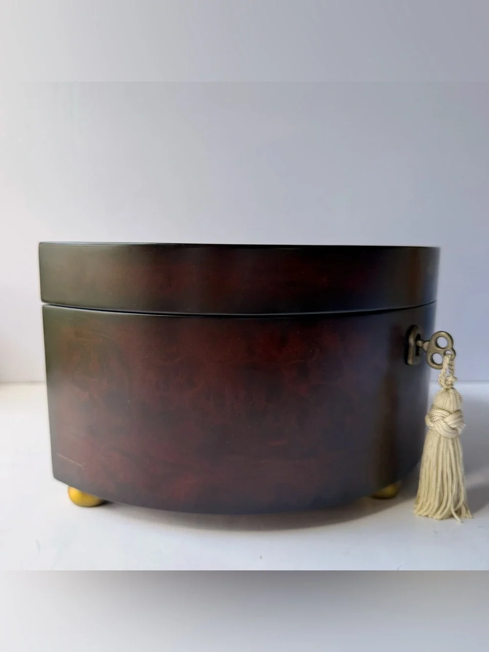 Bombay Co Half Moon Cherry Burlwood Finish Jewelry Box Tassel Key Brass Feet